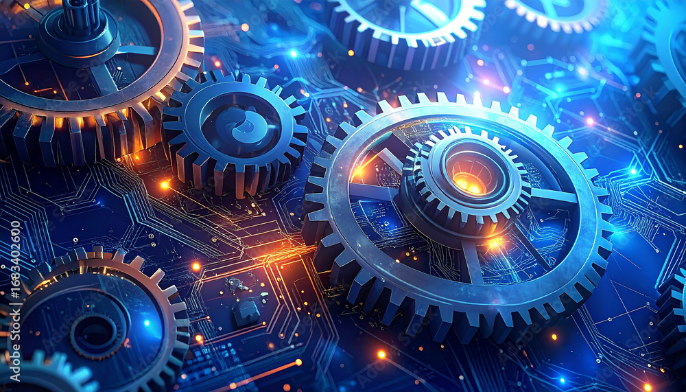 Poster interconnected gears: a close-up view of intricate metal gears meshing together on a complex circuit