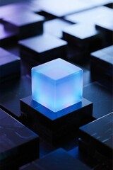 Illuminated cube glowing in a grid of dark blocks, creating a futuristic technological scene.