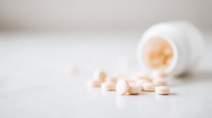 White pills spilling from fallen pill bottle on white table