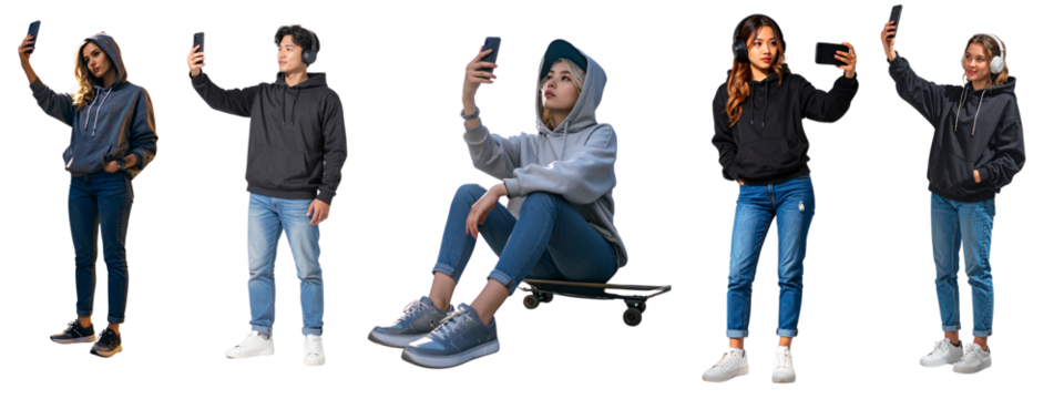 PNG Modern Streetwear Style Person Taking Selfie in Hoodie and Jeans Set of 5