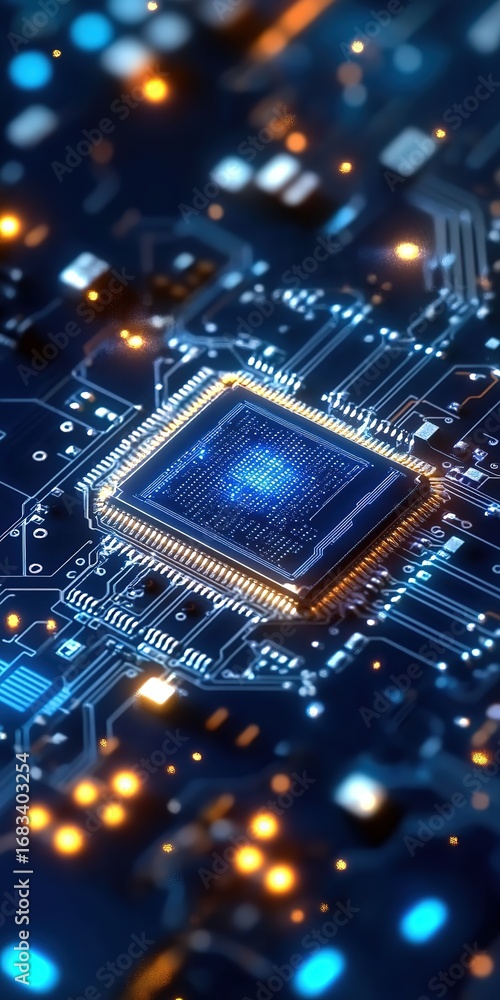Poster hyper-realistic close-up of advanced micro-embroidered chip on dark blue circuit board with glowing 
