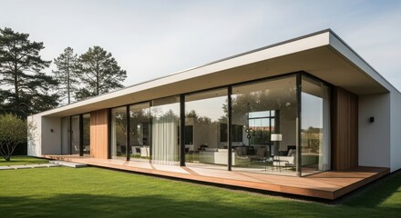 Modern minimalist residence featuring expansive glass walls and a sleek wooden deck surrounded by lush green grass and trees