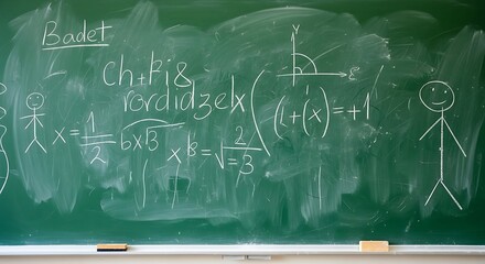 Classroom Green chalkboard with mathematical equations and doodles for education and learning