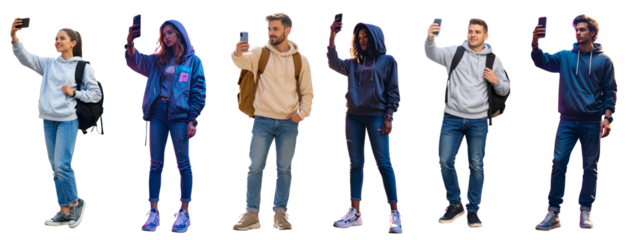 Set of Casual Person in Hoodie and Jeans Taking Selfie with Backpack