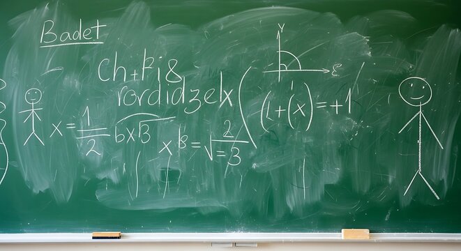 Classroom Green chalkboard with mathematical equations and doodles for education and learning