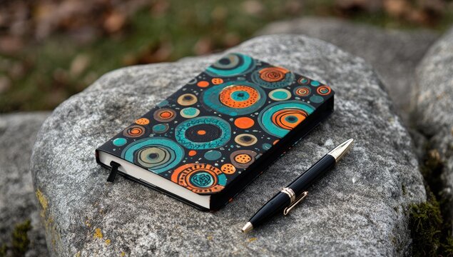 A patterned journal rests on rocks outdoors.  A pen lies beside it