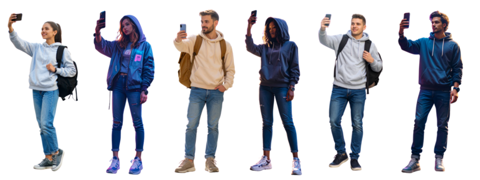  Set of Casual Person in Hoodie and Jeans Taking Selfie with Backpack