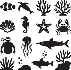 Naklejka premium Marine life and underwater elements including fish, coral, and sea creatures ocean
