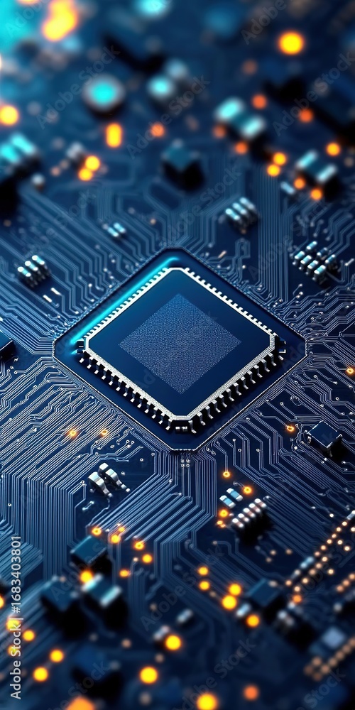 Poster macro close-up of integrated circuit on circuit board with blue background and orange lights, symmet