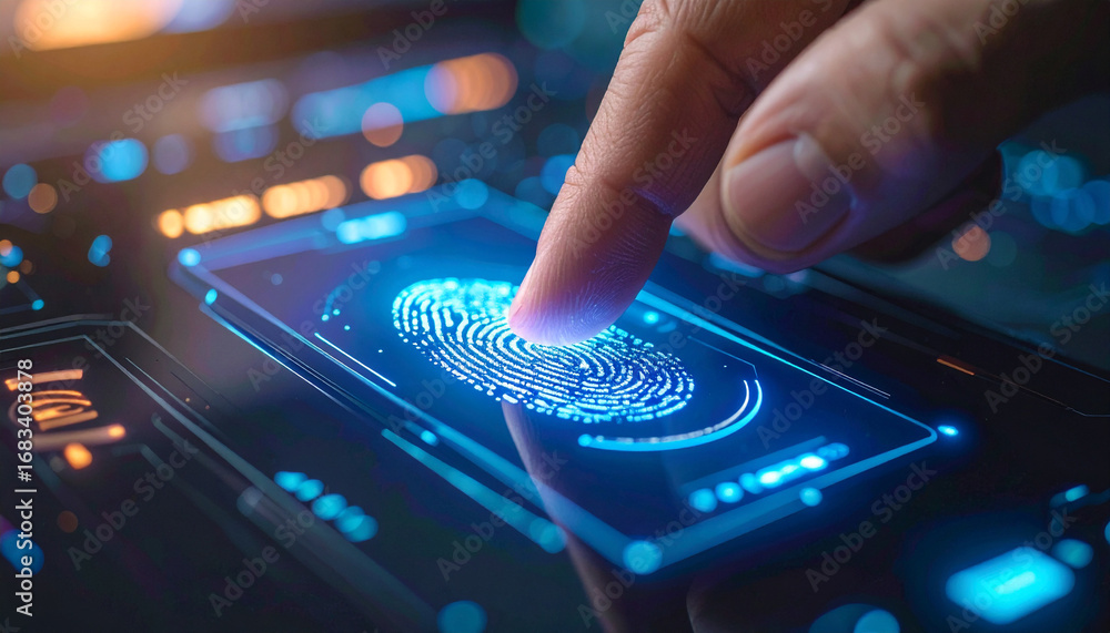Poster biometric authentication: high-tech image captures a fingertip engaging with the secure biometric sc