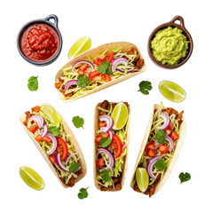 Delicious assortment of fresh tacos with guacamole and salsa served on a