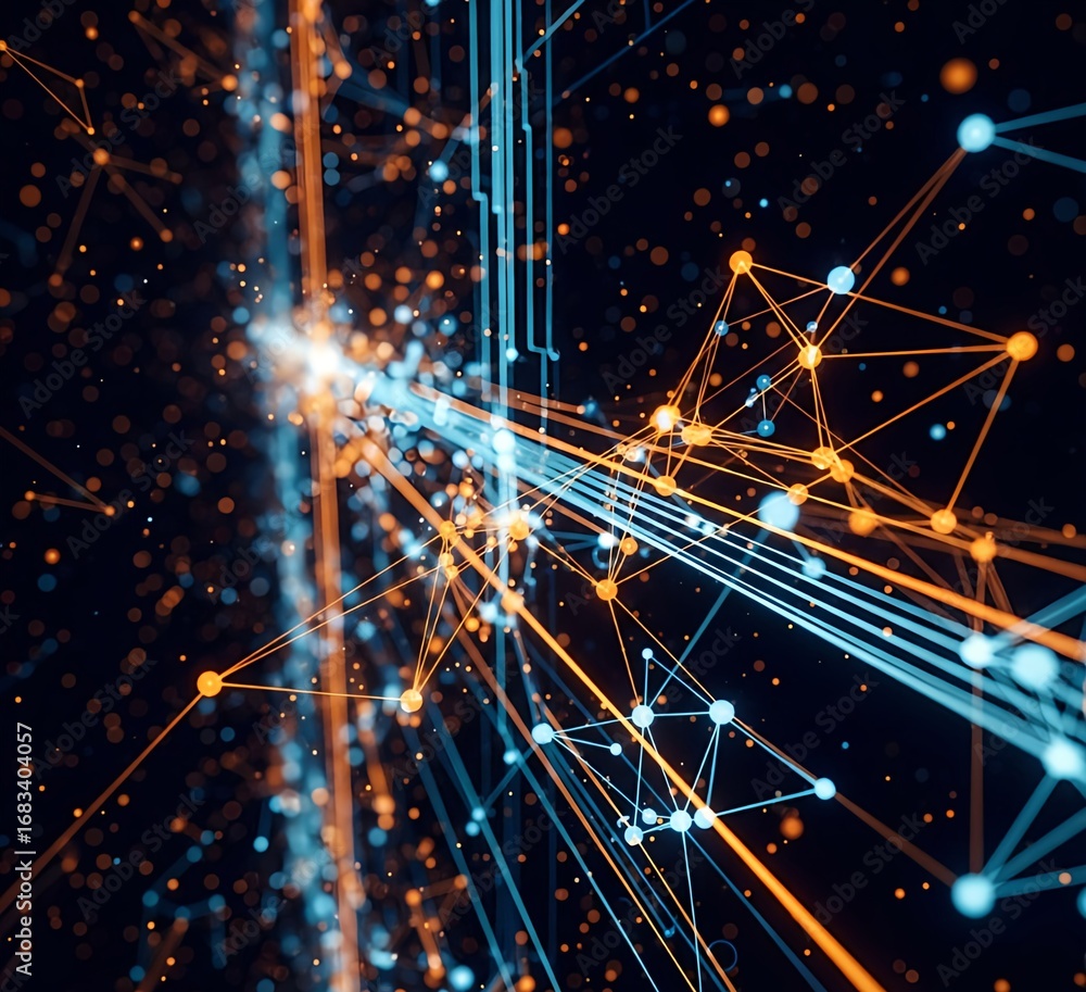 Aufkleber abstract tech network data connections with orange, blue glowing dots, lines. artificial intelligenc