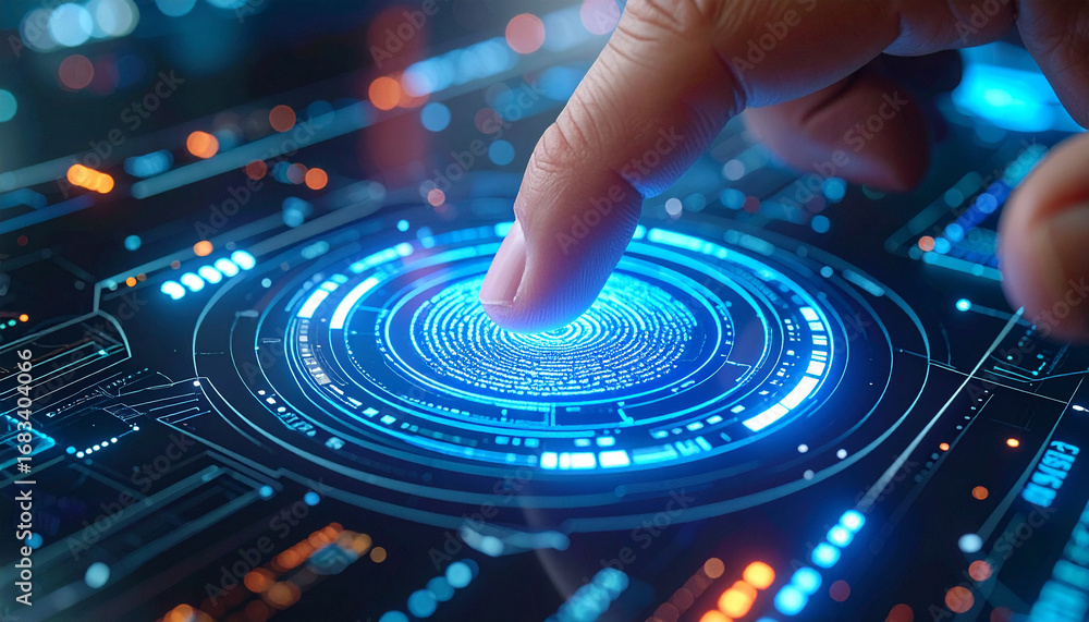 Poster digital authentication: a close-up shot of a finger activating a futuristic biometric scanner, its f