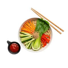 Vibrant healthy asian noodle bowl with fresh vegetables and chopsticks top view