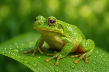 Fototapeta premium Vibrant emerald green tree frog perched on a dewy leaf in a lush forest