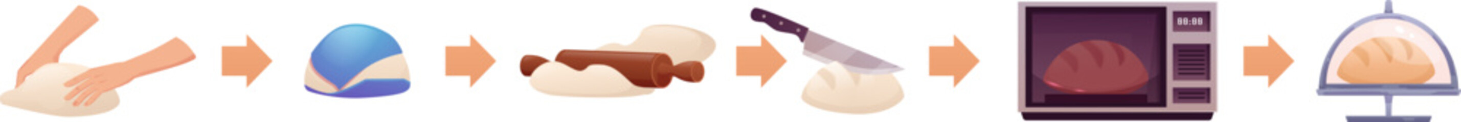 Bread cooking process infographics with arrows, vector flat dough kneading with rolling pin, bread baking in the oven