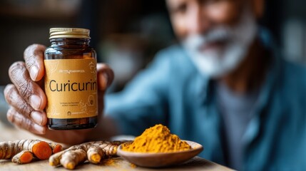 Senior man holding curcumin supplement bottle with turmeric root and powder