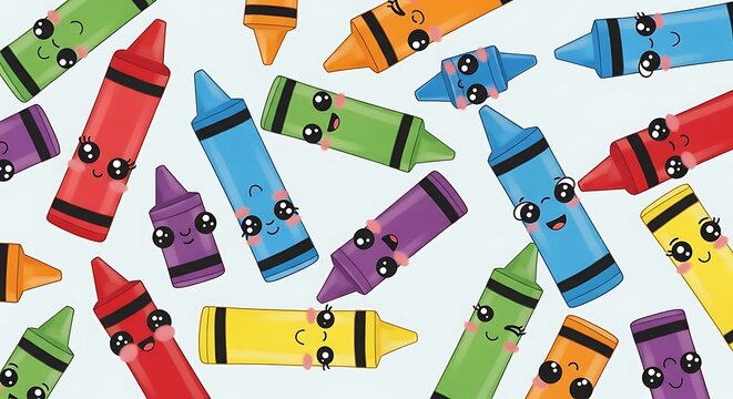 Colorful Crayons with Cute Faces in Various Colors for Kids Art Projects