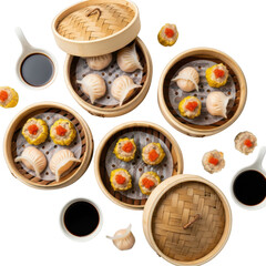 Delicious assortment of steaming dim sum in bamboo baskets ready for enjoyment