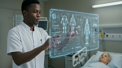 Medical professional interacting with holographic data display - Powered by Adobe