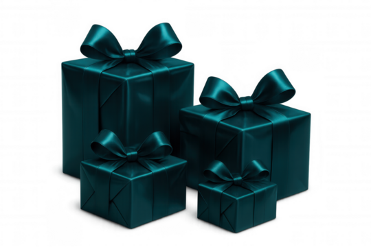 Green gift boxes varying in size, wrapped with silk ribbons, positioned against transparent backdrop representing celebratory holiday packaging design