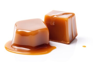 Caramel candy and caramel sauce dessert food white background.