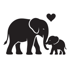 Fototapeta premium Silhouette of a mother elephant and her baby calf walking together with a heart symbol above them
