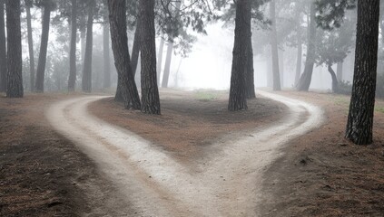 Obraz premium A winding path through a misty forest, leading to a fork in the road, evokes a sense of mystery and contemplation.