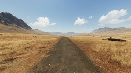 Remote road under a vast sky with grassy fields leading to distant mountains