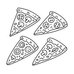 Pizza slice collection, hand drawn doodle illustration. food sketch with pepperoni, mushroom for menu, icon, coloring book, isolated on white.