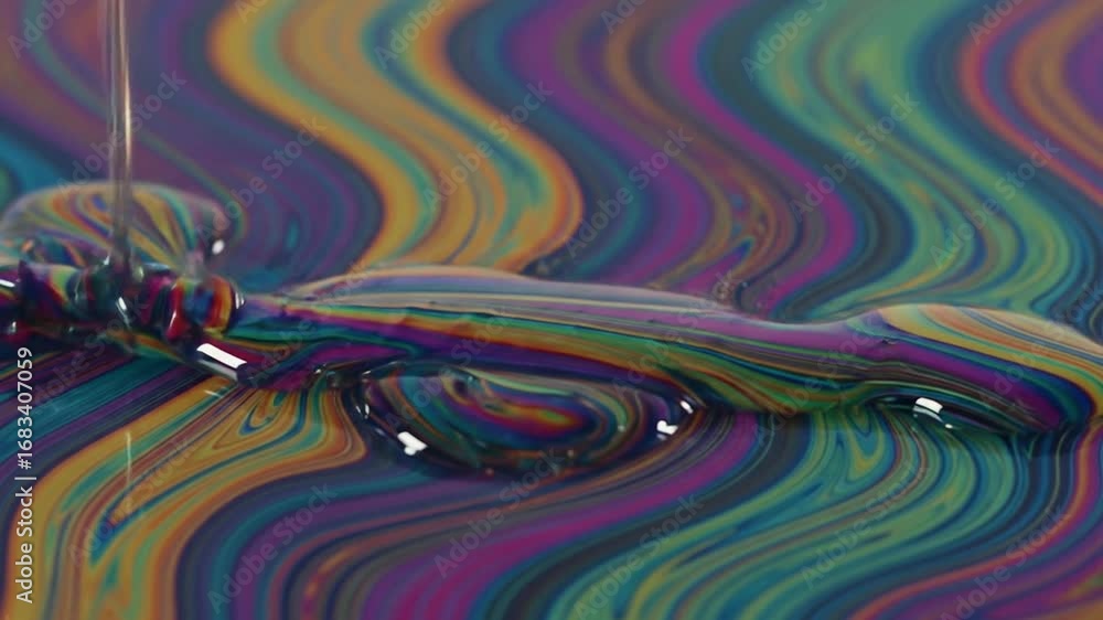 Aufkleber pouring viscous liquid streams on abstract multi colored surface creating dynamic ripples and reflec