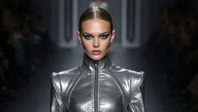 Futuristic runway model metallic silver makeup dramatic lighting sleek modern fashion