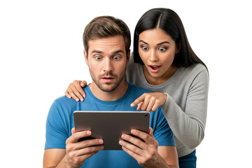 young couple with tablet computer on white
