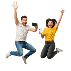 happy young couple jumping and holding phone on white 