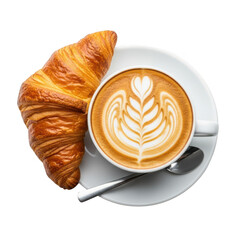 Golden croissant and latte art coffee cup top view isolated delicious breakfast pastry snack treat
