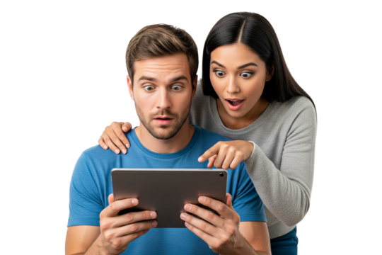 young couple with tablet computer on white