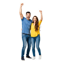 happy young couple with thumbs up on white