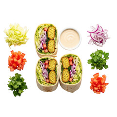 Delicious falafel wraps artfully arranged with fresh ingredients and creamy sauce top view