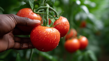 Obraz premium Fresh red tomatoes with water droplets on organic farm