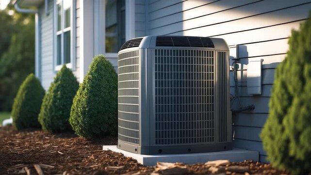 Modern residential air conditioning unit installed outside house with energy efficient system surrounded by green shrubs and wooden mulch
