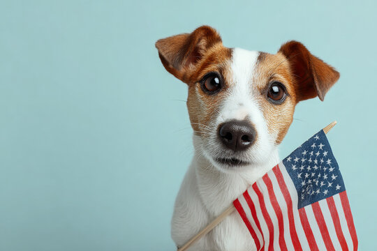 Jack Russell Puppy Holding American Flag Looking at Camera

