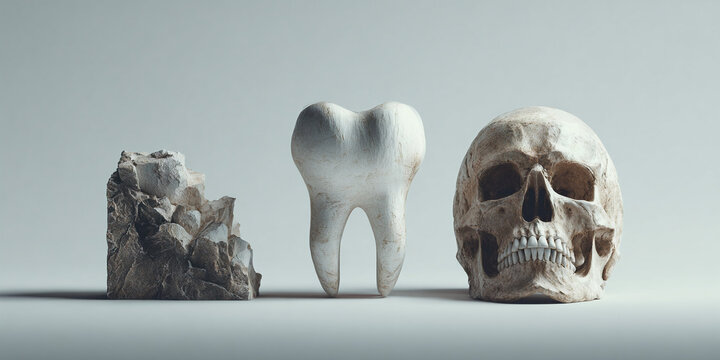 Conceptual still life with rock, human tooth sculpture and skull symbolizing fragility of life and dental health awareness - AI generated