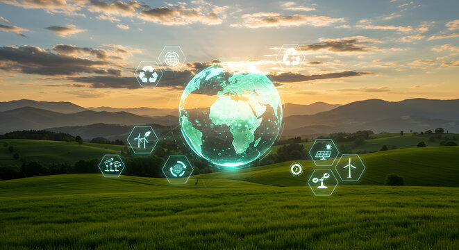 Global Sustainable Technology Icons Over a Green Field