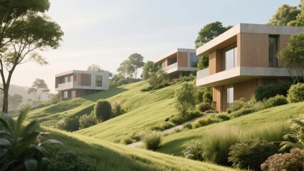 Modern Houses on a Lush Green Hillside