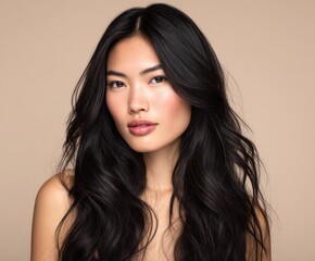 Naklejka premium Close-up portrait of a woman with long, dark, wavy hair and flawless skin, presented against a neutral backdrop, showcasing a serene and elegant aesthetic.