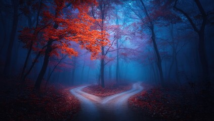 A winding path through a misty autumnal forest, bathed in a vibrant blue-toned light, showcases vibrant red leaves on the trees.