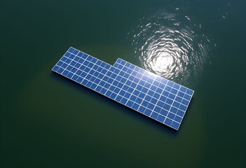 Floating solar panel system on a dark body of water with a vortex.