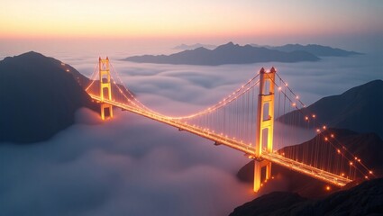 A brightly lit suspension bridge spans over clouds between mountains at sunset.