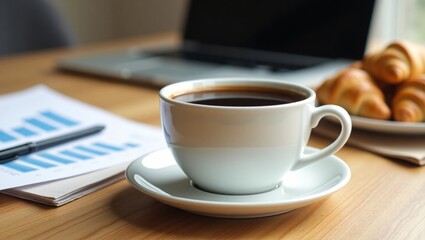 A cup of coffee, a pen on papers with charts, croissants, and a laptop on a wooden table.
