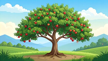 A lush orchard scene displays a bountiful tree laden with ripe, red apples against a backdrop of rolling hills and a clear blue sky.
